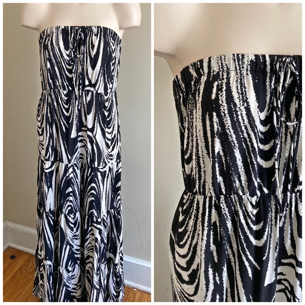 NEW YORK & CO black & cream abstract tiered drawstring Flowy boho dress